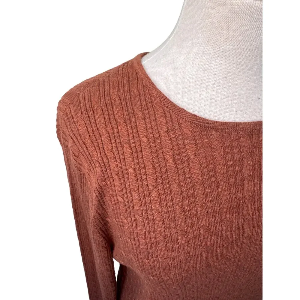 PERUVIAN CONNECTION Pima Cotton Cable Knit Crewneck Sweater Brick Brown Size XL